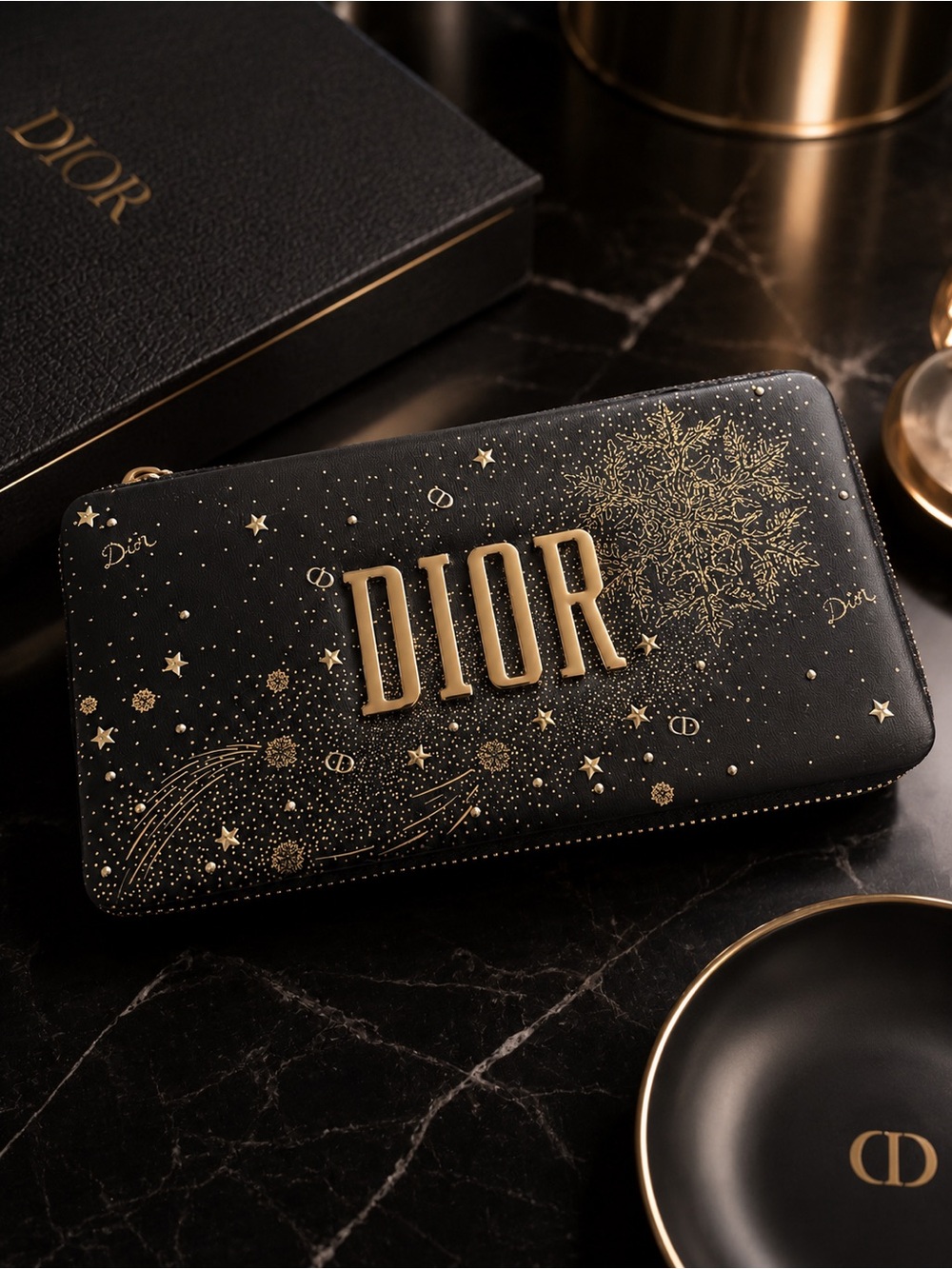 Christian Dior Holiday Starry Zipper Case Clutch Black Gold Phone Fit